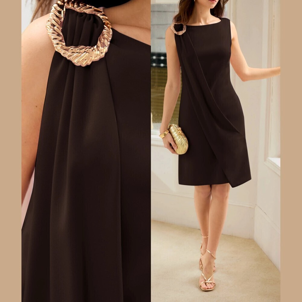 Black Draped Sheath Dress with Ring Hardware Shoulder Detail